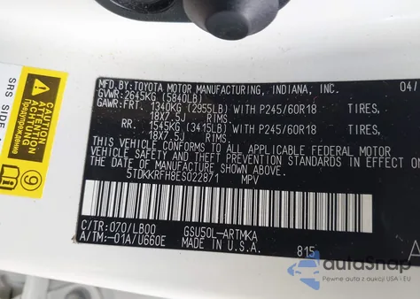 2014 Toyota Highlander Xle V6 z USA, uszkodzony, nr VIN 5TDKKRFH8ES022871